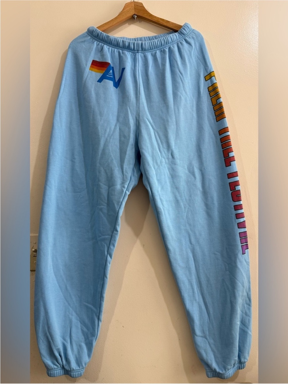 Aviator Nation Sky Blue Joggers with Rainbow Logo & Gradient Side Script unisex